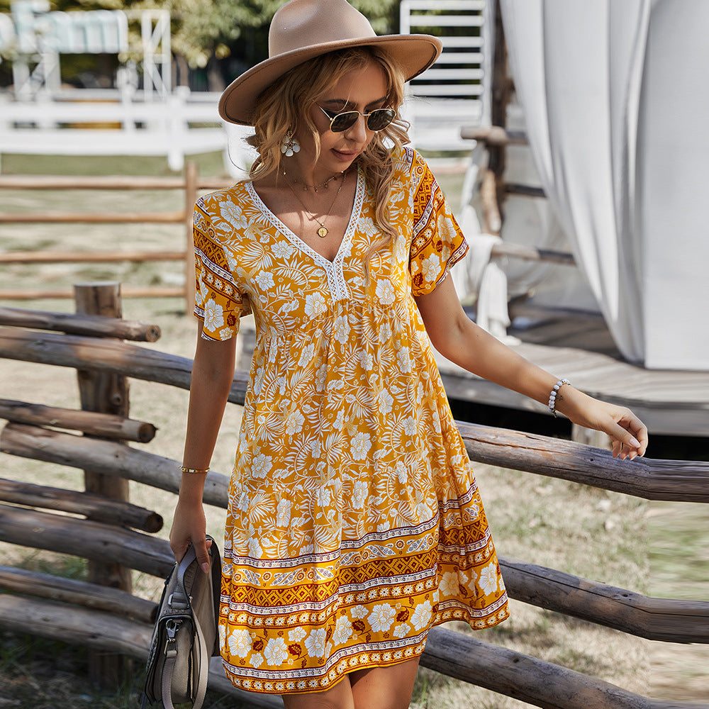 Women's Summer Boho Flower Print V Neck Dress